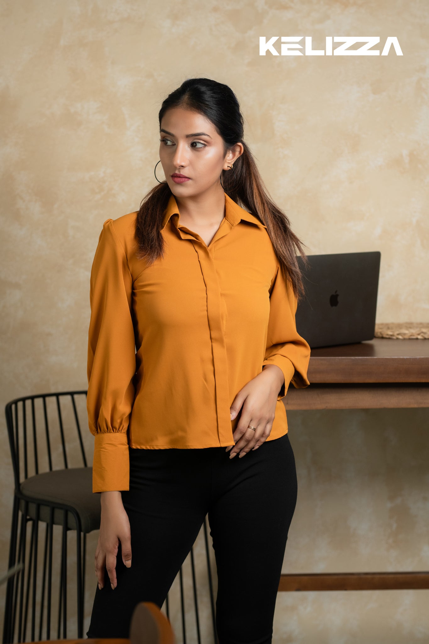 Evie Long Puff Sleeve Shirt with Hidden Plaket