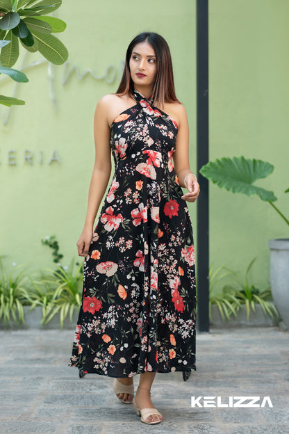 Floral Print Halter Neckline Dress